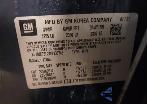 2021 Chevrolet Trailblazer Fwd Lt из США, поврежденный, VIN KL79MPSL2MB136746